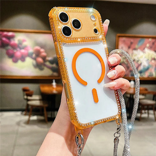 For iPhone 18 Pro / 17 Pro Magnetic Phone Case Sparkling Rhinestone Decor TPU + Acrylic Transparent Cover with Long Lanyard Compatible with MagSafe - Orange - 1