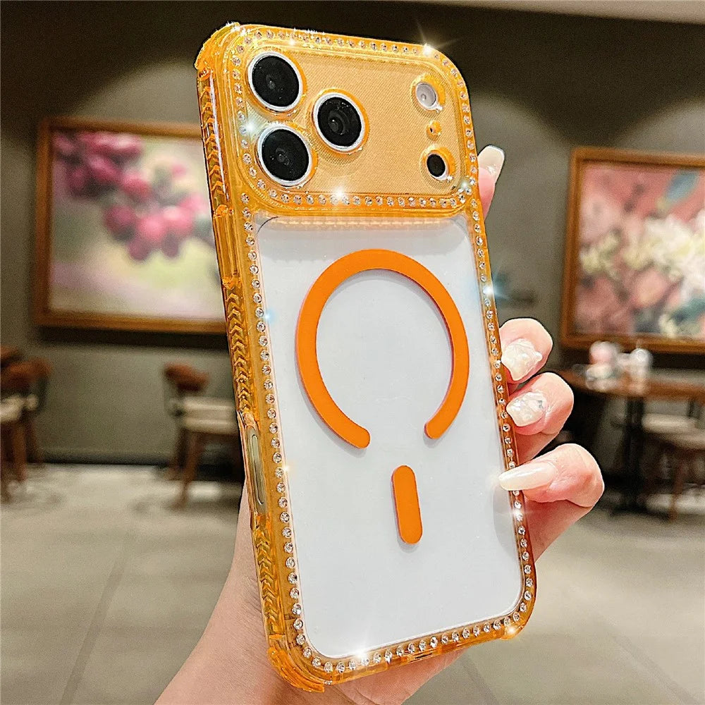 For iPhone 18 Pro Max / 17 Pro Max Magnetic Phone Case Sparkling Rhinestone Decor TPU + Acrylic Transparent Cover with Long Lanyard Compatible with MagSafe - Orange - 2