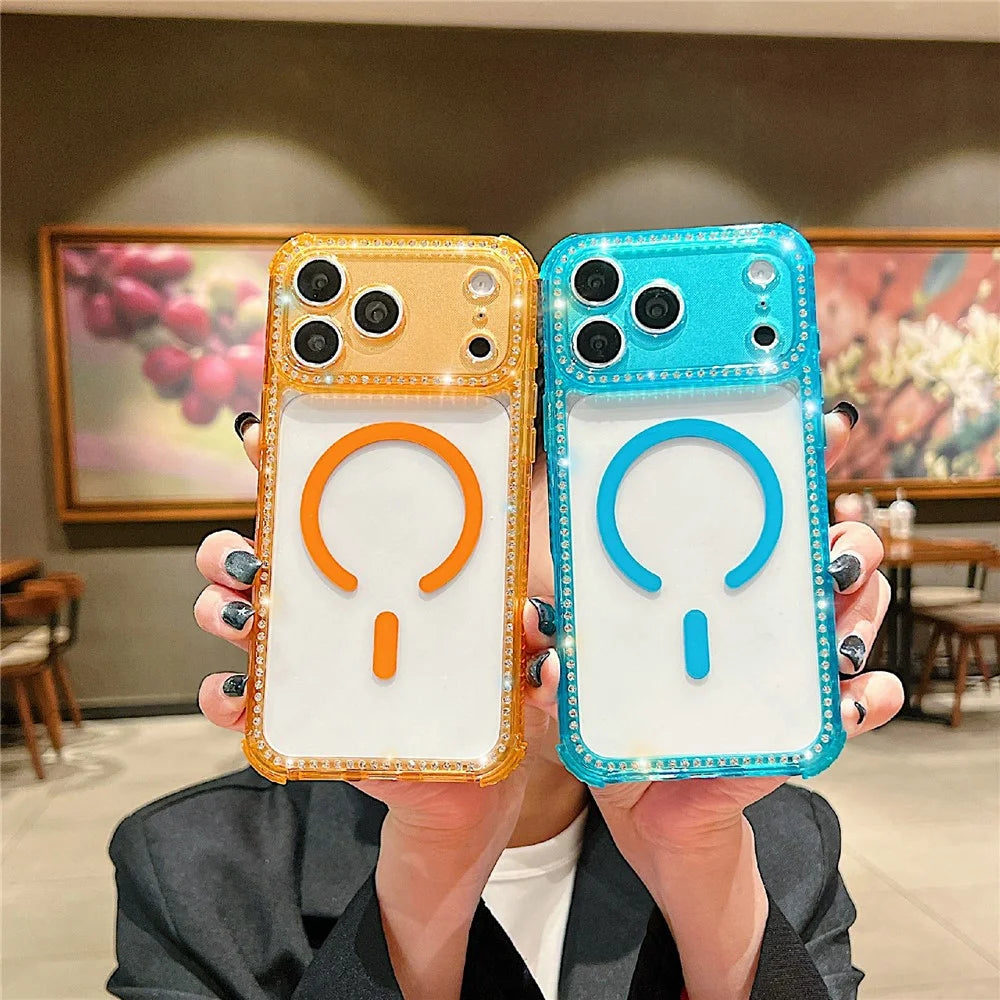 For iPhone 18 Pro Max / 17 Pro Max Magnetic Phone Case Sparkling Rhinestone Decor TPU + Acrylic Transparent Cover with Long Lanyard Compatible with MagSafe - Orange - 4