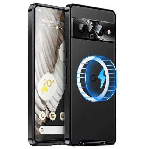 For Google Pixel 7 Pro 5G Anti-scratch Magnetic Adsorption Matte Phone Cover TPU Back + Metal Edge Integrated Lens Protection Case - Black - 1