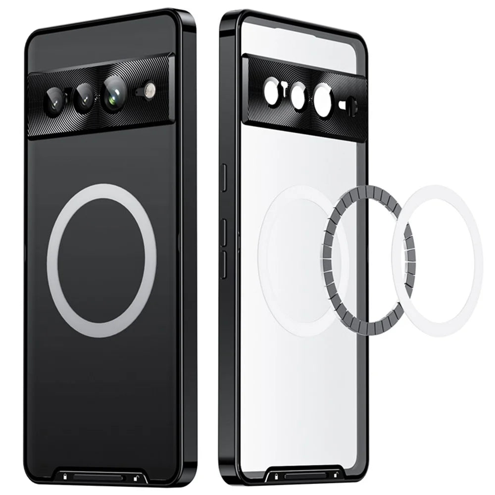 For Google Pixel 7 Pro 5G Anti-scratch Magnetic Adsorption Matte Phone Cover TPU Back + Metal Edge Integrated Lens Protection Case - Black - 3