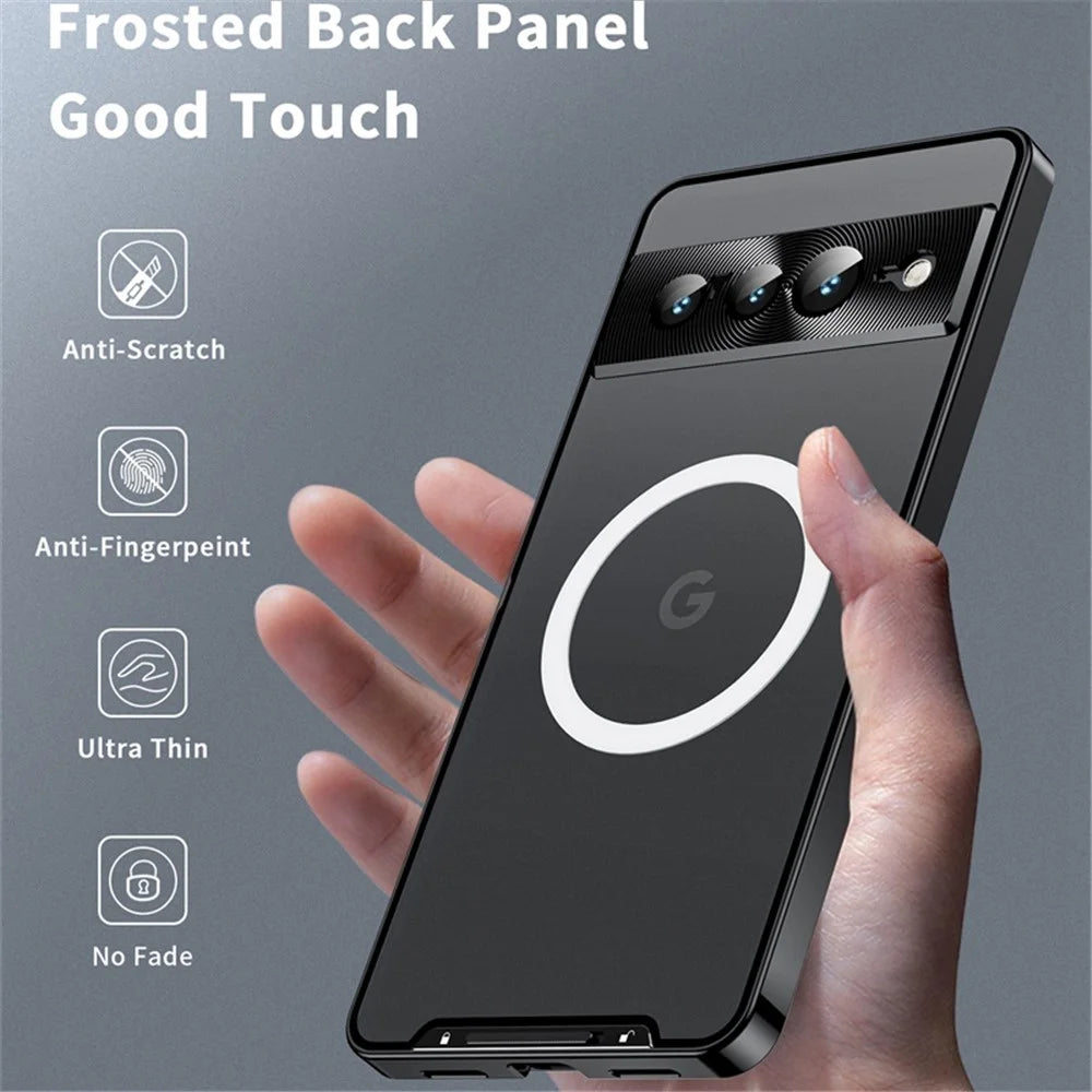 For Google Pixel 7 Pro 5G Anti-scratch Magnetic Adsorption Matte Phone Cover TPU Back + Metal Edge Integrated Lens Protection Case - Black - 5