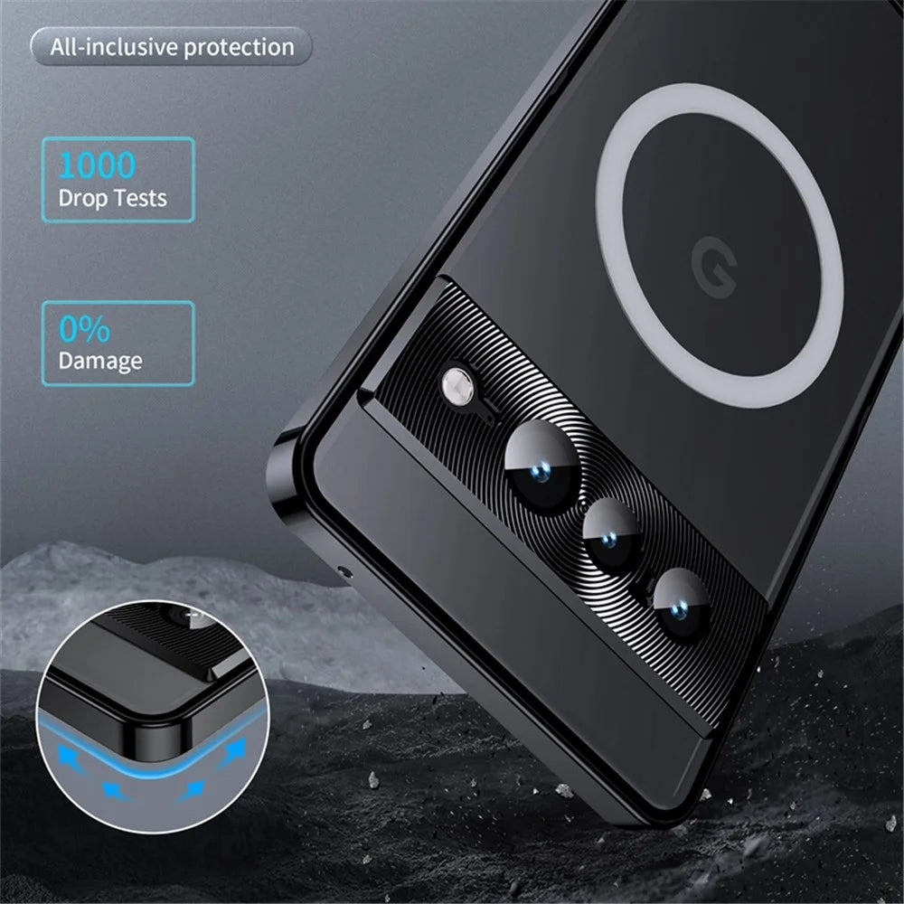 For Google Pixel 7 Pro 5G Anti-scratch Magnetic Adsorption Matte Phone Cover TPU Back + Metal Edge Integrated Lens Protection Case - Black - 6