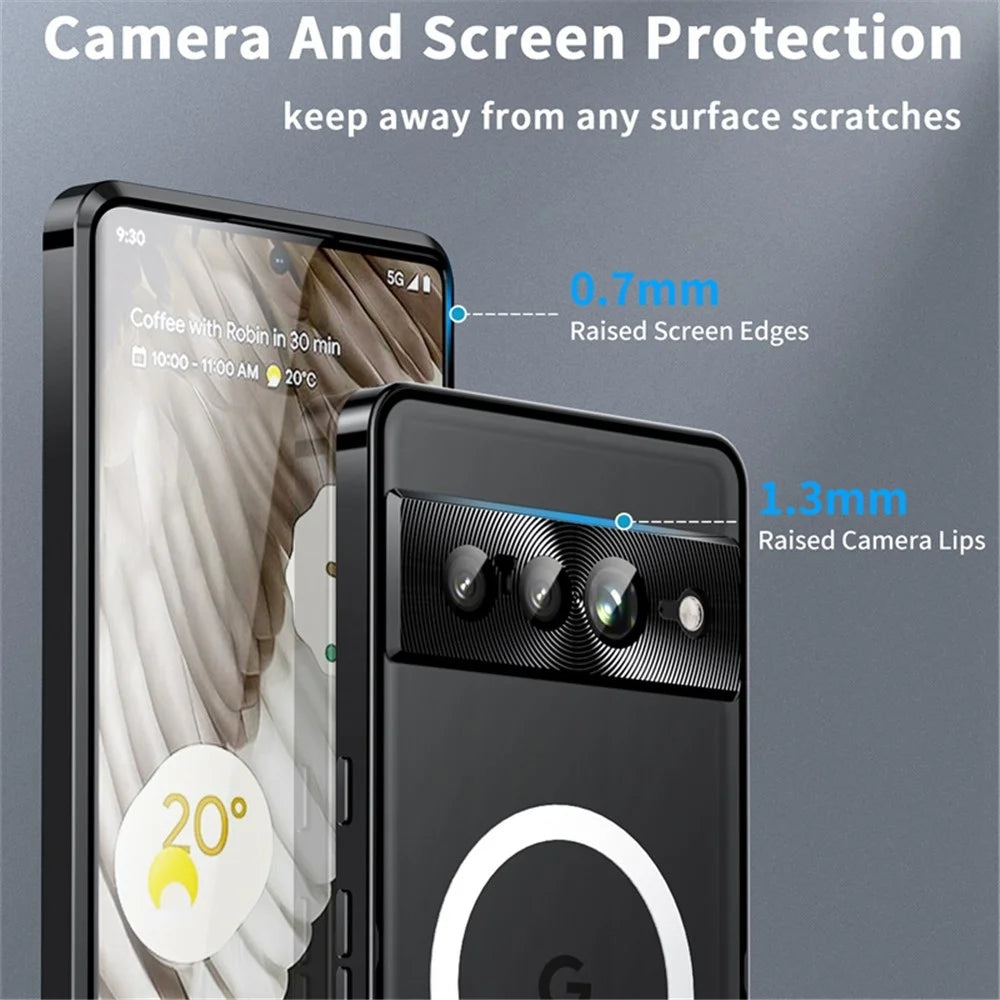 For Google Pixel 7 Pro 5G Anti-scratch Magnetic Adsorption Matte Phone Cover TPU Back + Metal Edge Integrated Lens Protection Case - Black - 7