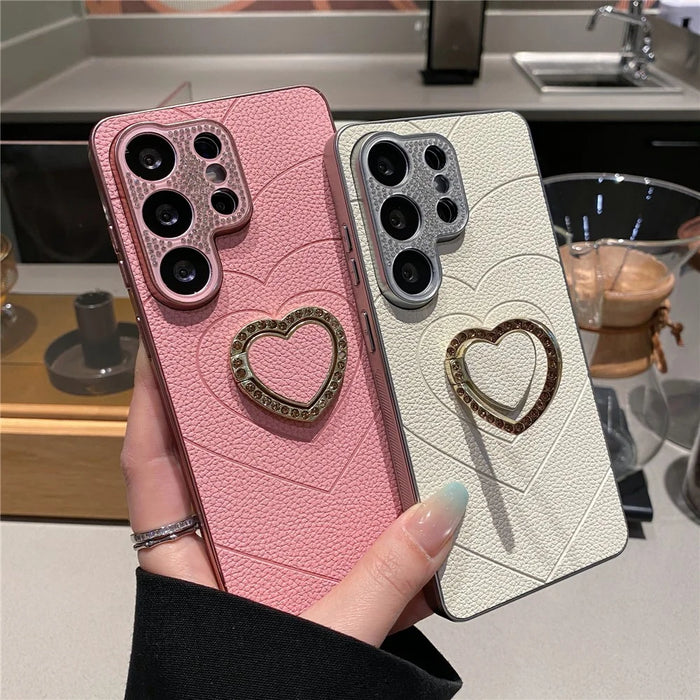 For Samsung Galaxy S26 Ultra Electroplating Phone Case Diamond Lens Ring Heart Kickstand TPU PC Protective Shell - White - 4