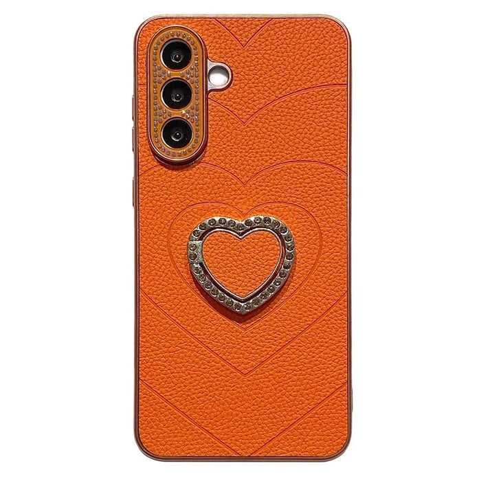 For Samsung Galaxy A56 5G Electroplating Phone Case Diamond Lens Ring Heart Kickstand TPU PC Protective Shell - Orange - 1