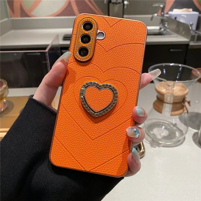 For Samsung Galaxy A56 5G Electroplating Phone Case Diamond Lens Ring Heart Kickstand TPU PC Protective Shell - Orange - 2