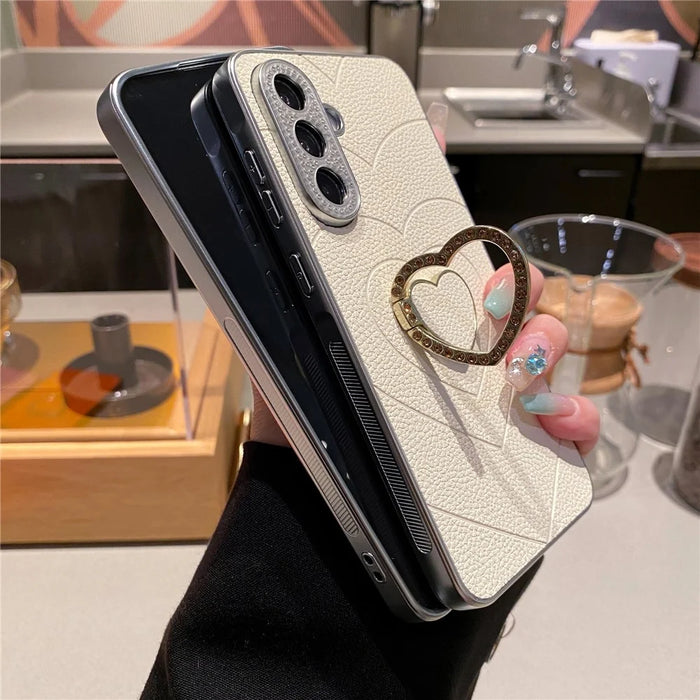 For Samsung Galaxy A56 5G Electroplating Phone Case Diamond Lens Ring Heart Kickstand TPU PC Protective Shell - Orange - 5