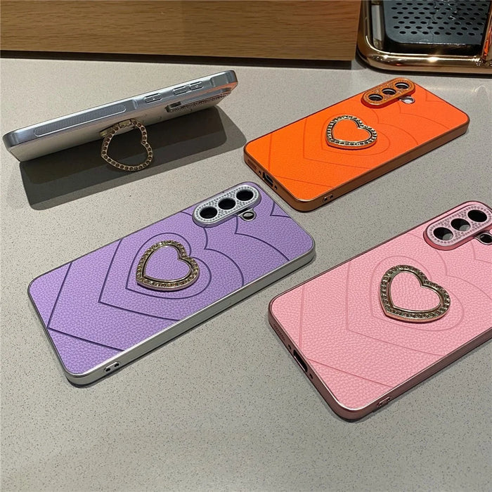 For Samsung Galaxy A56 5G Electroplating Phone Case Diamond Lens Ring Heart Kickstand TPU PC Protective Shell - Orange - 7