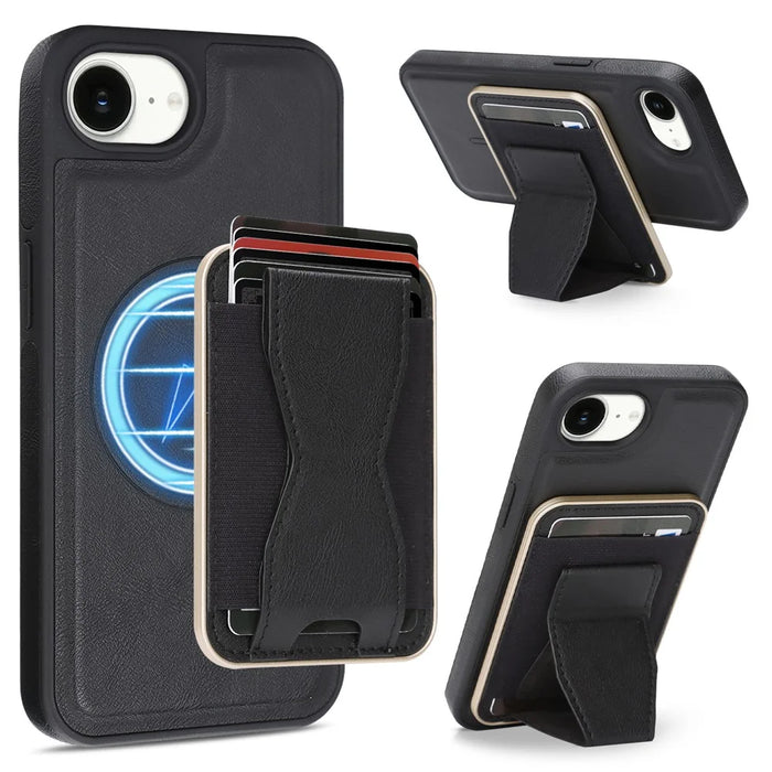 For iPhone 16e  /  17e Magnetic Case with Detachable Card Holder Kickstand TPU + PU Back Cover Compatible with MagSafe - Black - 1
