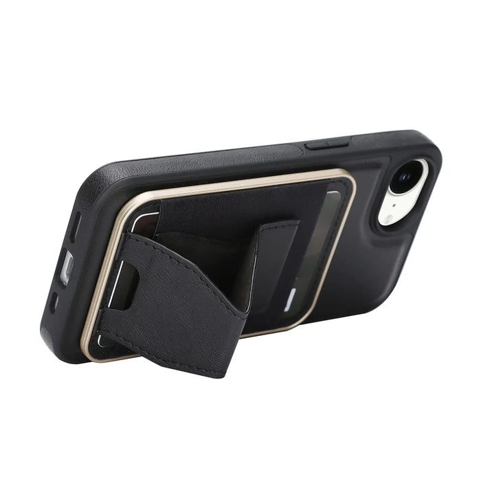 For iPhone 16e  /  17e Magnetic Case with Detachable Card Holder Kickstand TPU + PU Back Cover Compatible with MagSafe - Black - 3