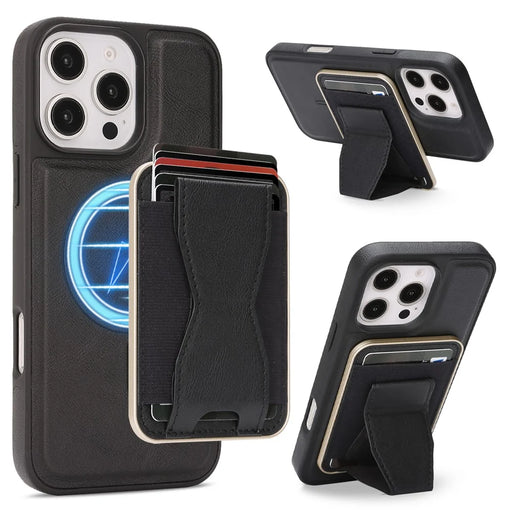 For iPhone 16 Pro Magnetic Case with Detachable Card Holder Kickstand TPU + PU Back Cover Compatible with MagSafe - Black - 1