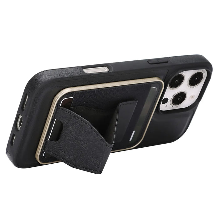 For iPhone 16 Pro Magnetic Case with Detachable Card Holder Kickstand TPU + PU Back Cover Compatible with MagSafe - Black - 3