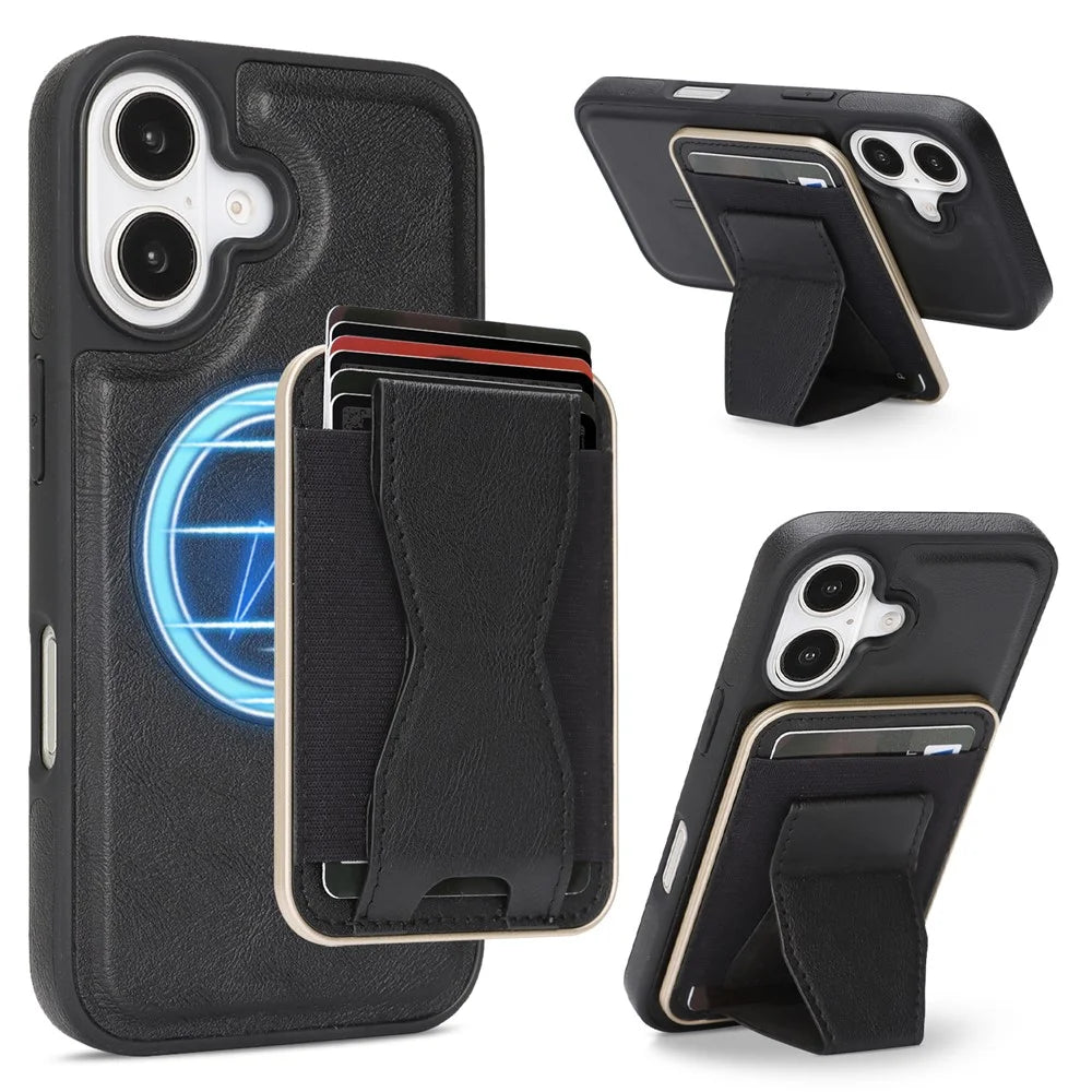 For iPhone 16 Magnetic Case with Detachable Card Holder Kickstand TPU + PU Back Cover Compatible with MagSafe - Black - 1