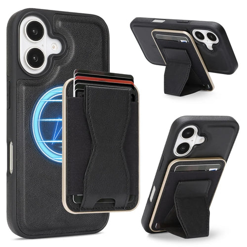 For iPhone 16 Magnetic Case with Detachable Card Holder Kickstand TPU + PU Back Cover Compatible with MagSafe - Black - 1