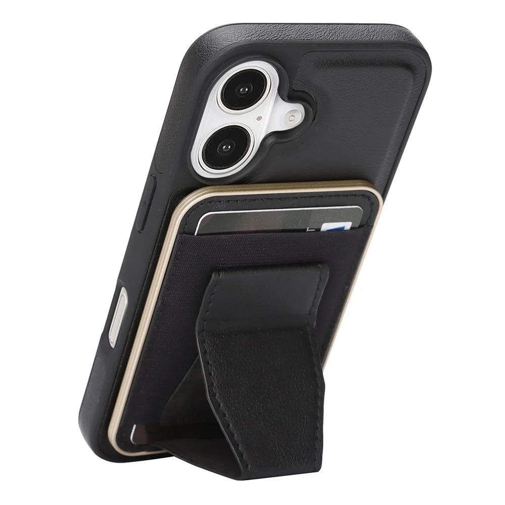 For iPhone 16 Magnetic Case with Detachable Card Holder Kickstand TPU + PU Back Cover Compatible with MagSafe - Black - 2