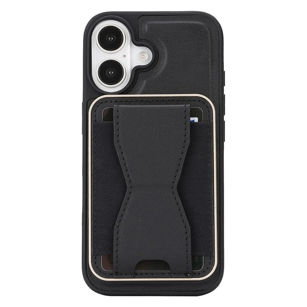 For iPhone 16 Magnetic Case with Detachable Card Holder Kickstand TPU + PU Back Cover Compatible with MagSafe - Black - 6