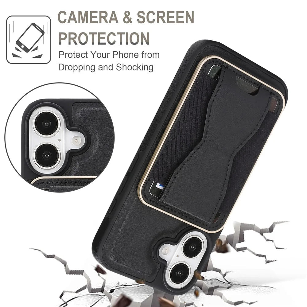 For iPhone 16 Magnetic Case with Detachable Card Holder Kickstand TPU + PU Back Cover Compatible with MagSafe - Black - 7
