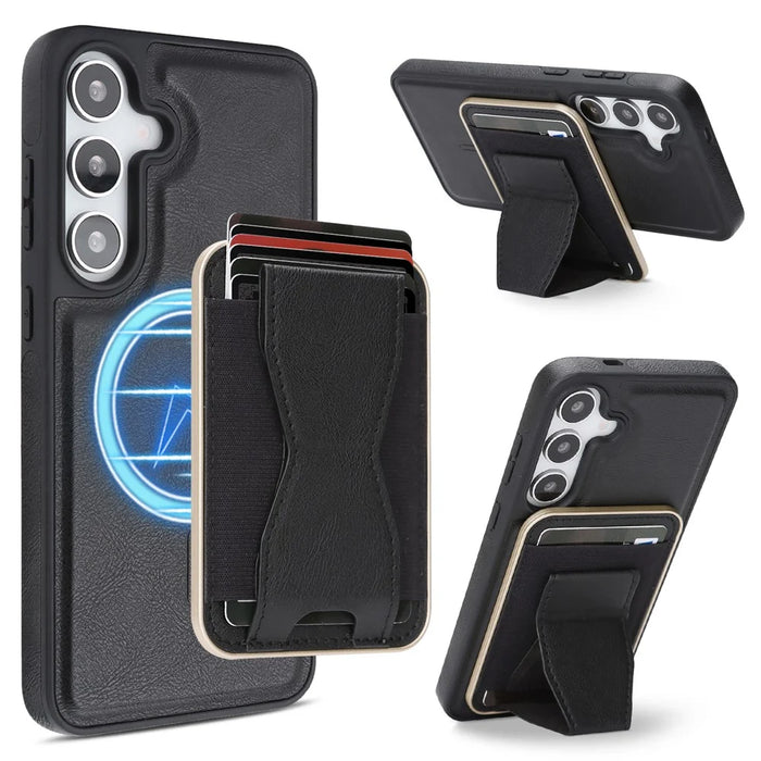 For Samsung Galaxy S26 Magnetic Case with Detachable Card Holder Kickstand TPU + PU Back Cover Compatible with MagSafe - Black - 1