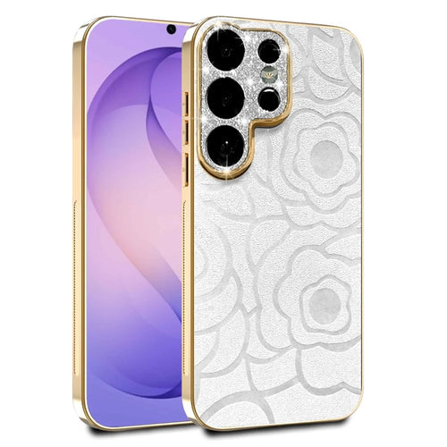 For Samsung Galaxy S26 Ultra Case Camellia Embossed Glitter Camera Ring PU Leather Cover with 15cm Pearl Strap - White - 1