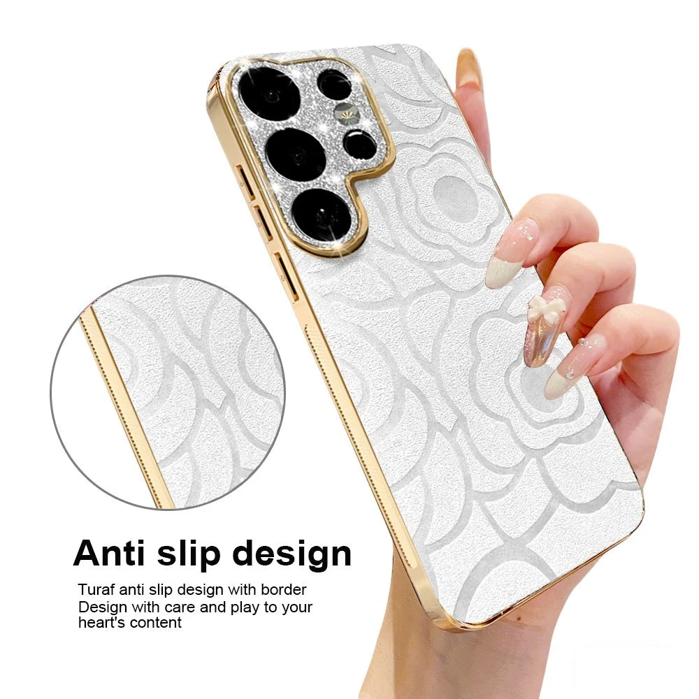 For Samsung Galaxy S26 Ultra Case Camellia Embossed Glitter Camera Ring PU Leather Cover with 15cm Pearl Strap - White - 3