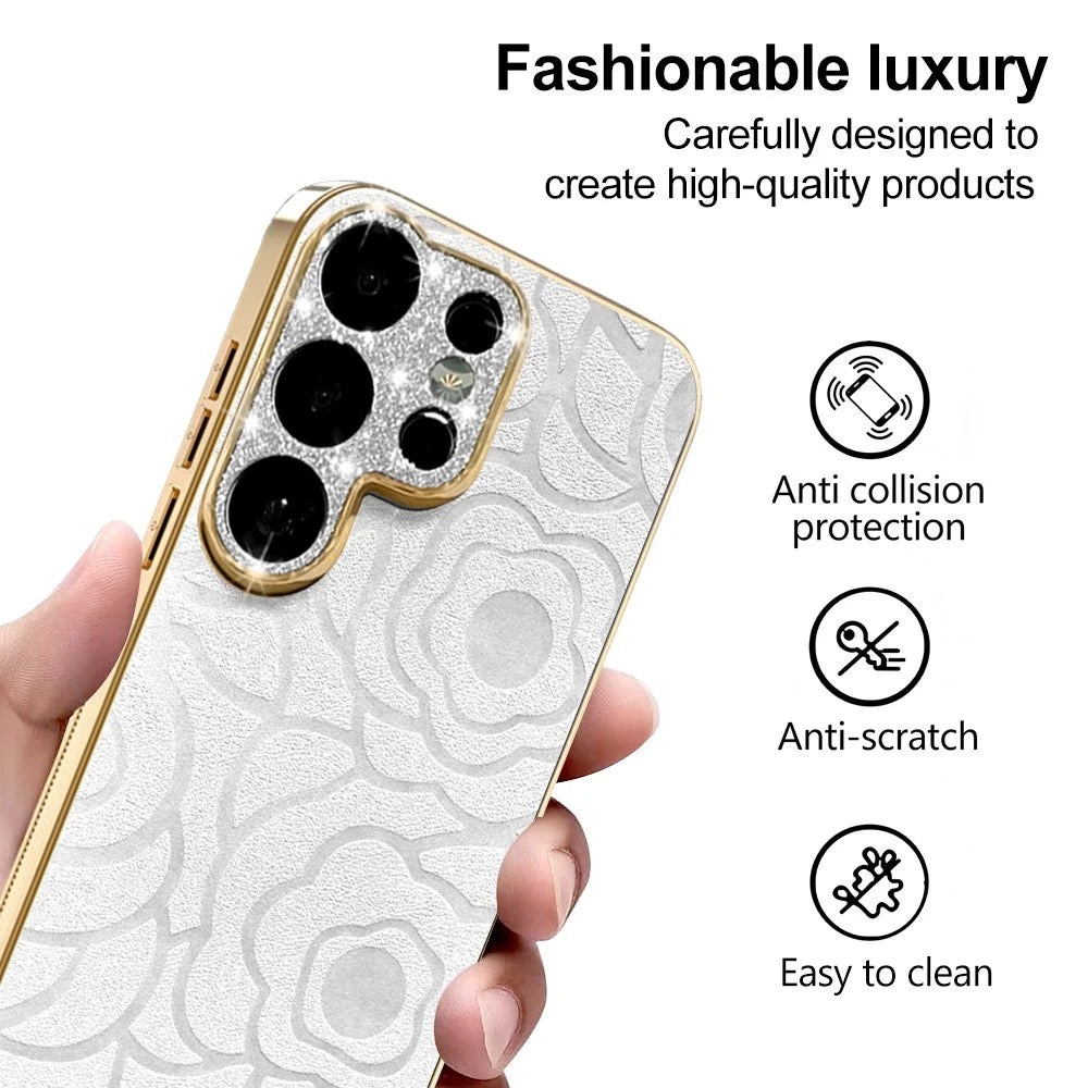 For Samsung Galaxy S26 Ultra Case Camellia Embossed Glitter Camera Ring PU Leather Cover with 15cm Pearl Strap - White - 4