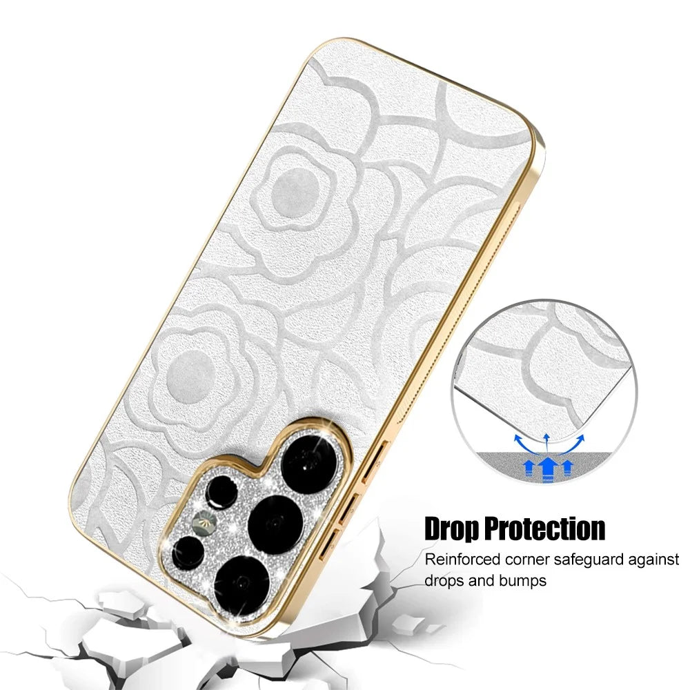 For Samsung Galaxy S26 Ultra Case Camellia Embossed Glitter Camera Ring PU Leather Cover with 15cm Pearl Strap - White - 5