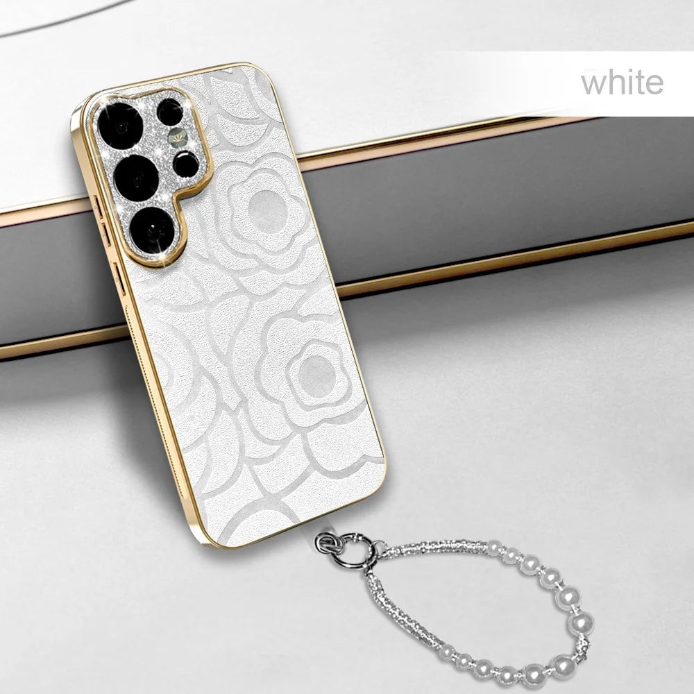 For Samsung Galaxy S26 Ultra Case Camellia Embossed Glitter Camera Ring PU Leather Cover with 15cm Pearl Strap - White - 7