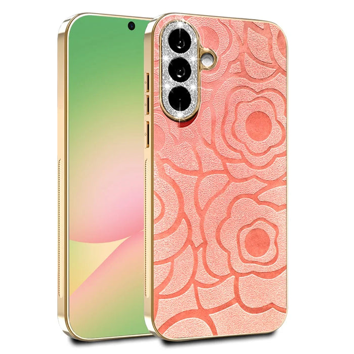 For Samsung Galaxy A56 5G Case Camellia Embossed Glitter Camera Ring PU Leather Cover with 15cm Pearl Strap - Pink - 1