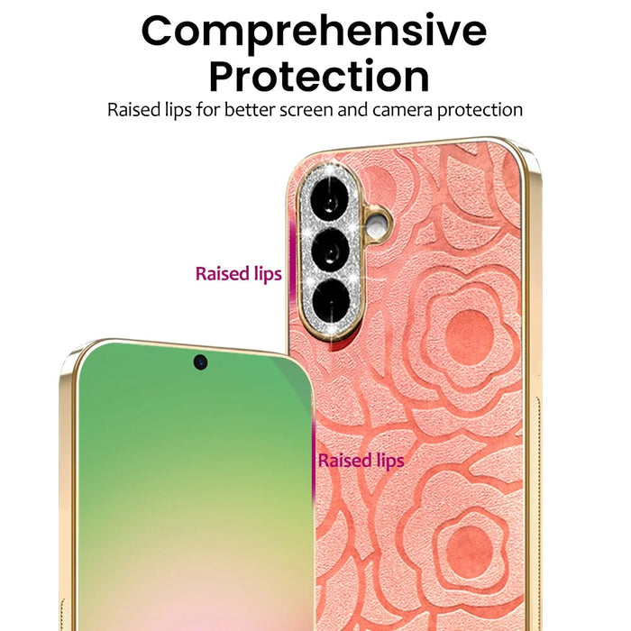 For Samsung Galaxy A56 5G Case Camellia Embossed Glitter Camera Ring PU Leather Cover with 15cm Pearl Strap - Pink - 2