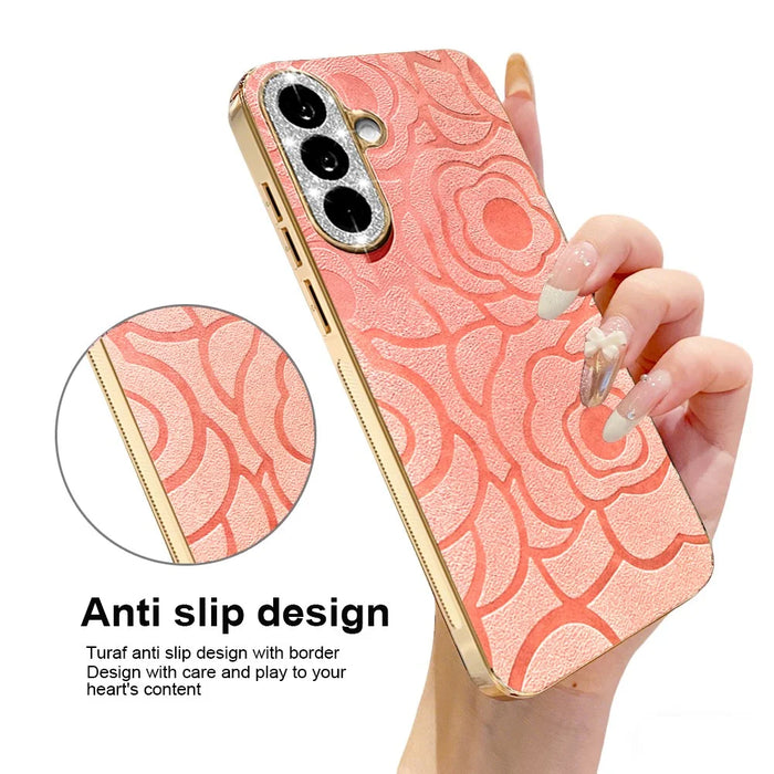 For Samsung Galaxy A56 5G Case Camellia Embossed Glitter Camera Ring PU Leather Cover with 15cm Pearl Strap - Pink - 3