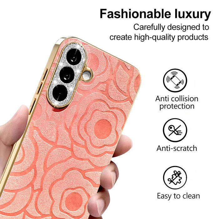 For Samsung Galaxy A56 5G Case Camellia Embossed Glitter Camera Ring PU Leather Cover with 15cm Pearl Strap - Pink - 4