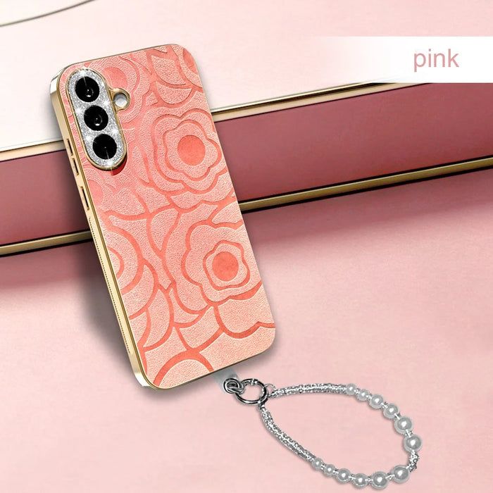 For Samsung Galaxy A56 5G Case Camellia Embossed Glitter Camera Ring PU Leather Cover with 15cm Pearl Strap - Pink - 7