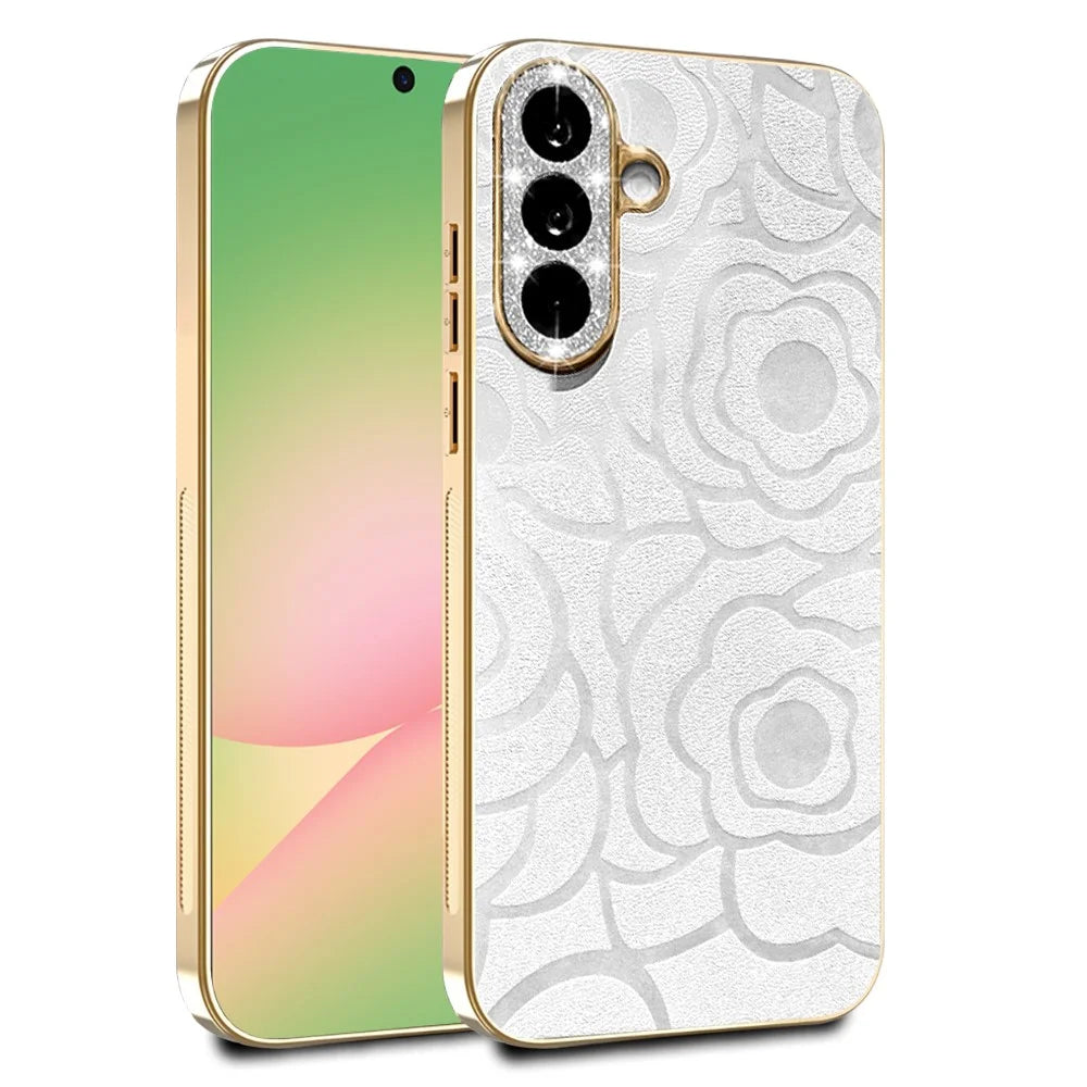 For Samsung Galaxy S26 Case Camellia Embossed Glitter Camera Ring PU Leather Cover with 15cm Pearl Strap - White - 1