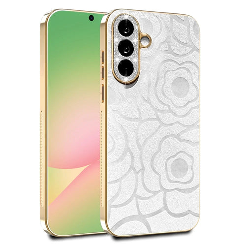For Samsung Galaxy S26 Case Camellia Embossed Glitter Camera Ring PU Leather Cover with 15cm Pearl Strap - White - 1