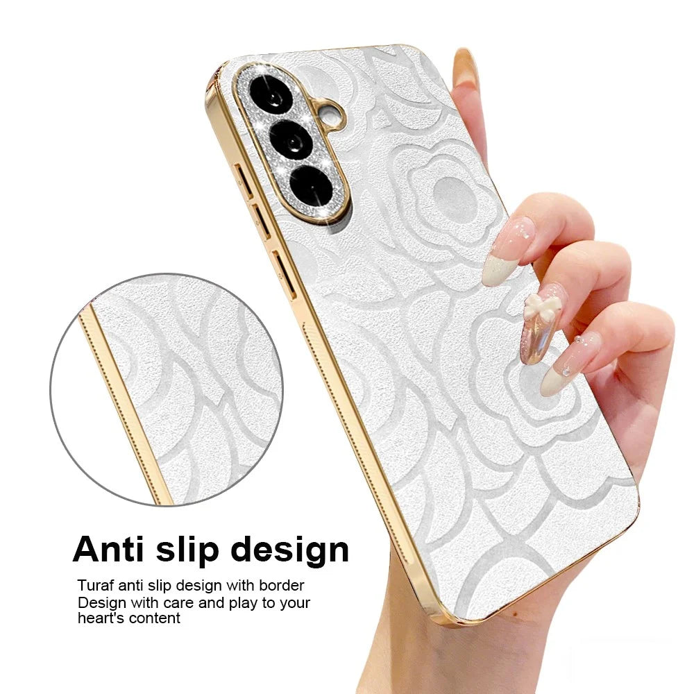 For Samsung Galaxy S26 Case Camellia Embossed Glitter Camera Ring PU Leather Cover with 15cm Pearl Strap - White - 3