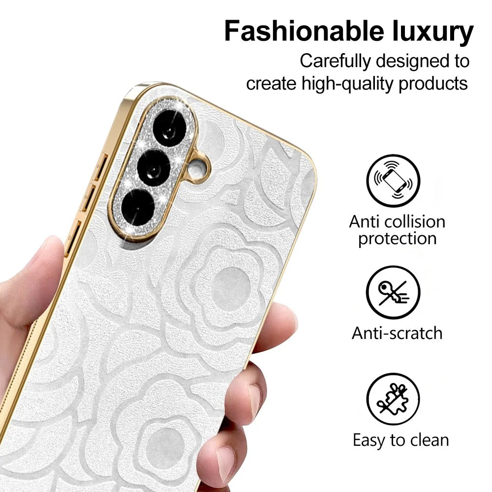 For Samsung Galaxy S26 Case Camellia Embossed Glitter Camera Ring PU Leather Cover with 15cm Pearl Strap - White - 4