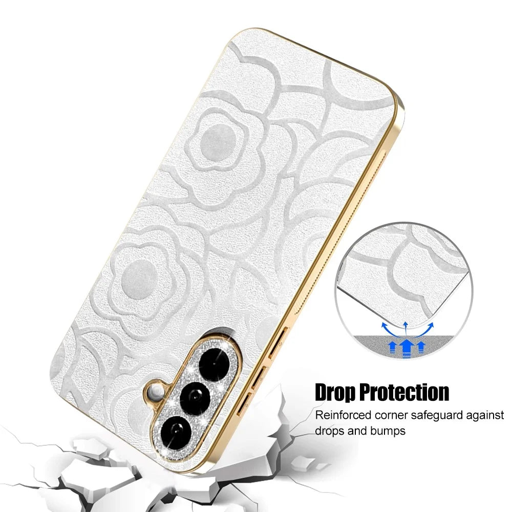For Samsung Galaxy S26 Case Camellia Embossed Glitter Camera Ring PU Leather Cover with 15cm Pearl Strap - White - 5