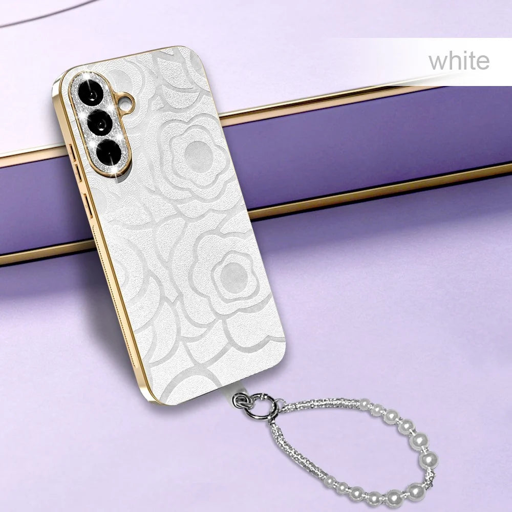 For Samsung Galaxy S26 Case Camellia Embossed Glitter Camera Ring PU Leather Cover with 15cm Pearl Strap - White - 7
