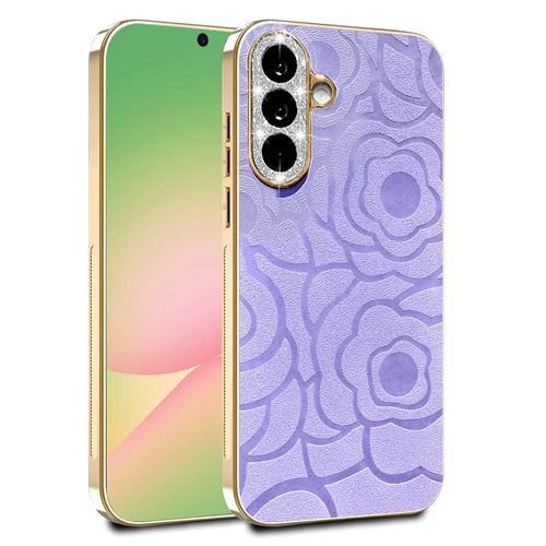 For Samsung Galaxy S26+ Case Camellia Embossed Glitter Camera Ring PU Leather Cover with 15cm Pearl Strap - Purple - 1