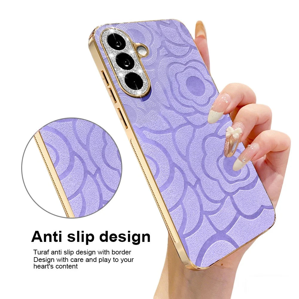 For Samsung Galaxy S26+ Case Camellia Embossed Glitter Camera Ring PU Leather Cover with 15cm Pearl Strap - Purple - 3