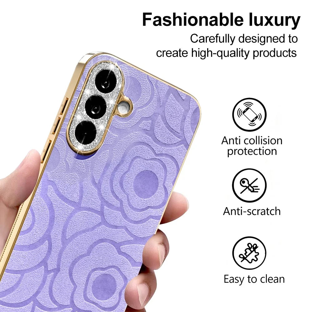 For Samsung Galaxy S26+ Case Camellia Embossed Glitter Camera Ring PU Leather Cover with 15cm Pearl Strap - Purple - 4