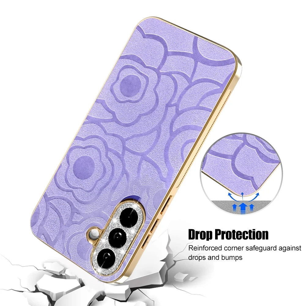 For Samsung Galaxy S26+ Case Camellia Embossed Glitter Camera Ring PU Leather Cover with 15cm Pearl Strap - Purple - 5