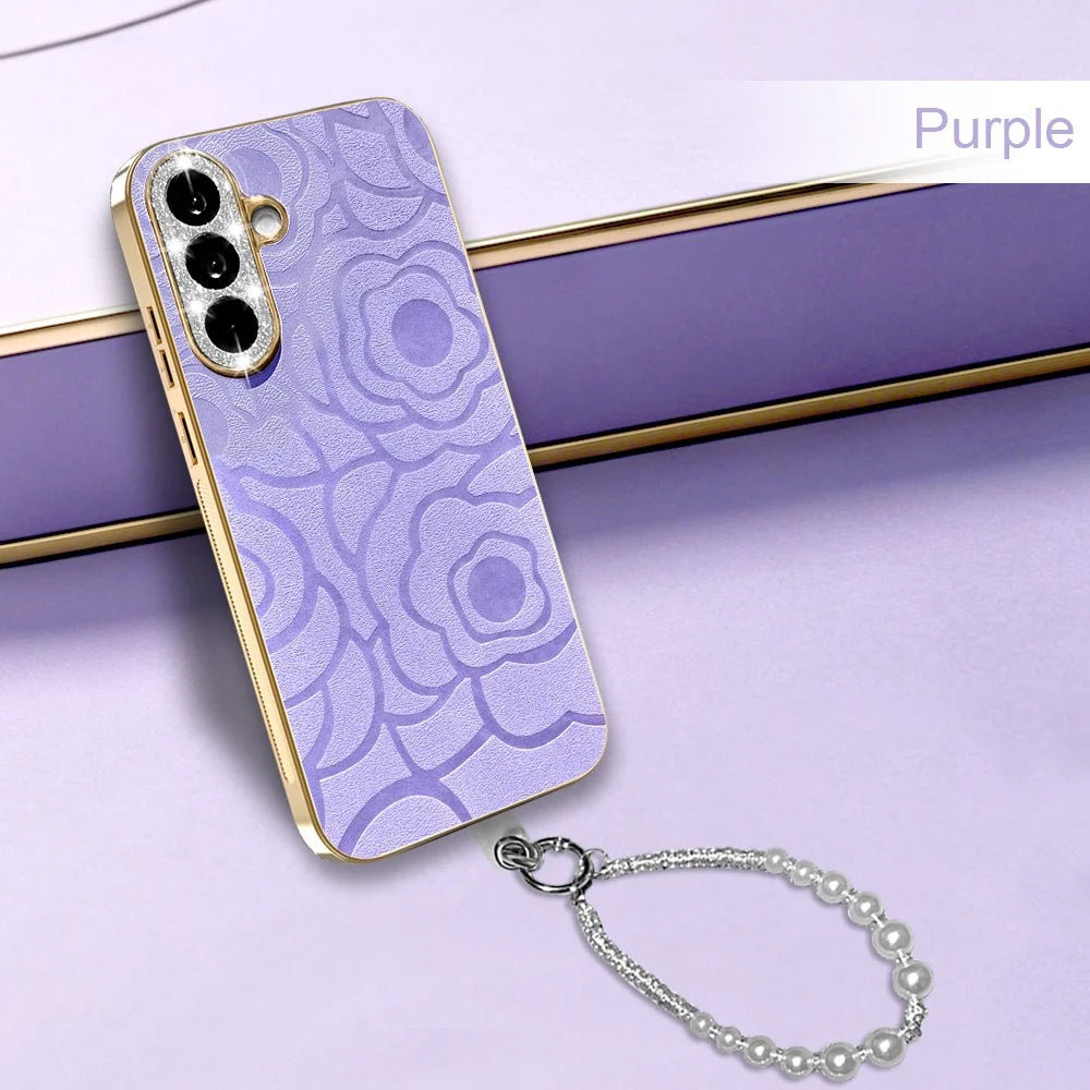 For Samsung Galaxy S26+ Case Camellia Embossed Glitter Camera Ring PU Leather Cover with 15cm Pearl Strap - Purple - 7