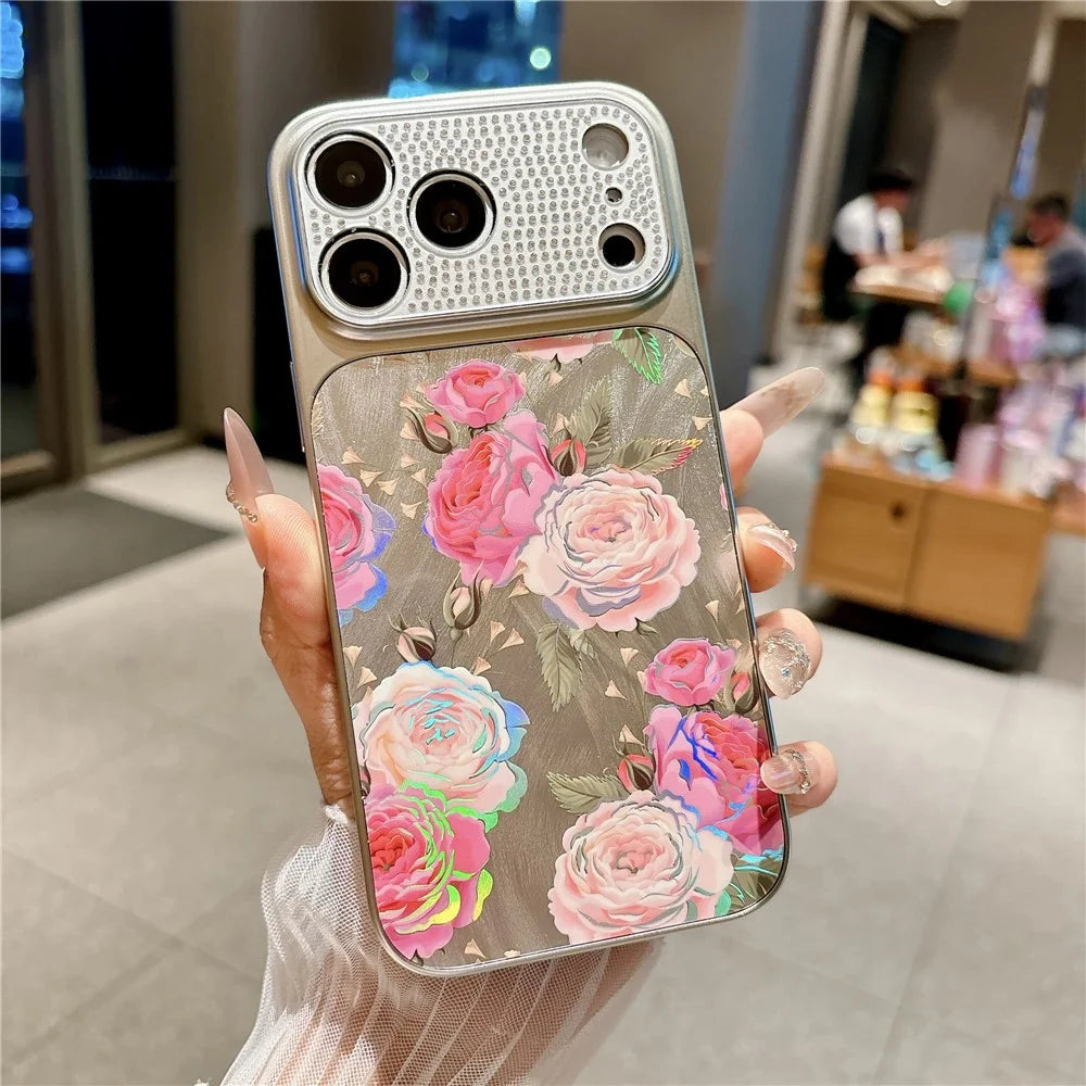 For iPhone 17 Pro Mobile Phone Case Diamond Camera Ring Feathered Flowers Pattern TPU PC Electroplated Cover - Rose - 2