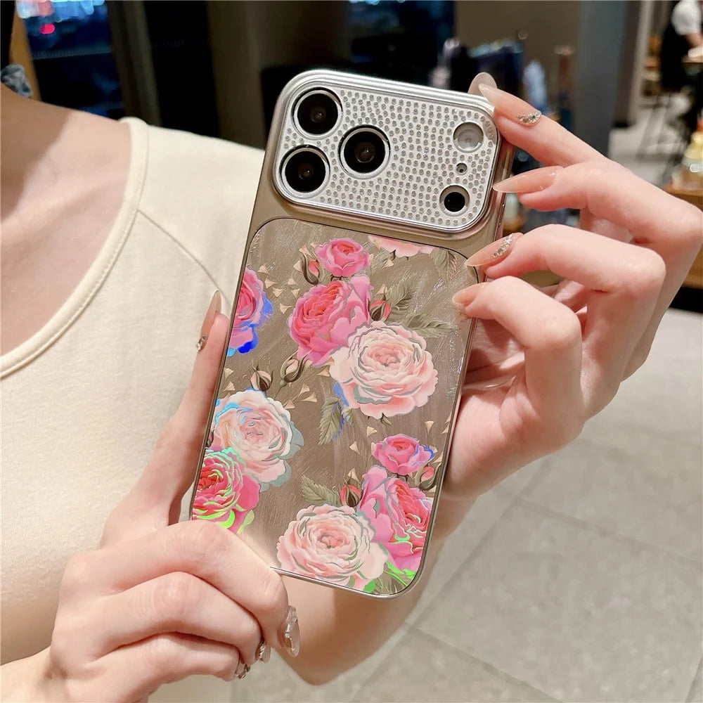 For iPhone 17 Pro Mobile Phone Case Diamond Camera Ring Feathered Flowers Pattern TPU PC Electroplated Cover - Rose - 3