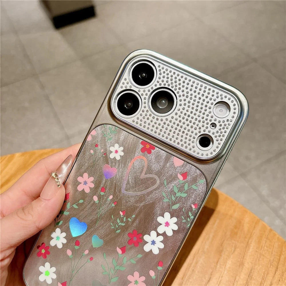 For iPhone 17 Pro Mobile Phone Case Diamond Camera Ring Feathered Flowers Pattern TPU PC Electroplated Cover - Rose - 4
