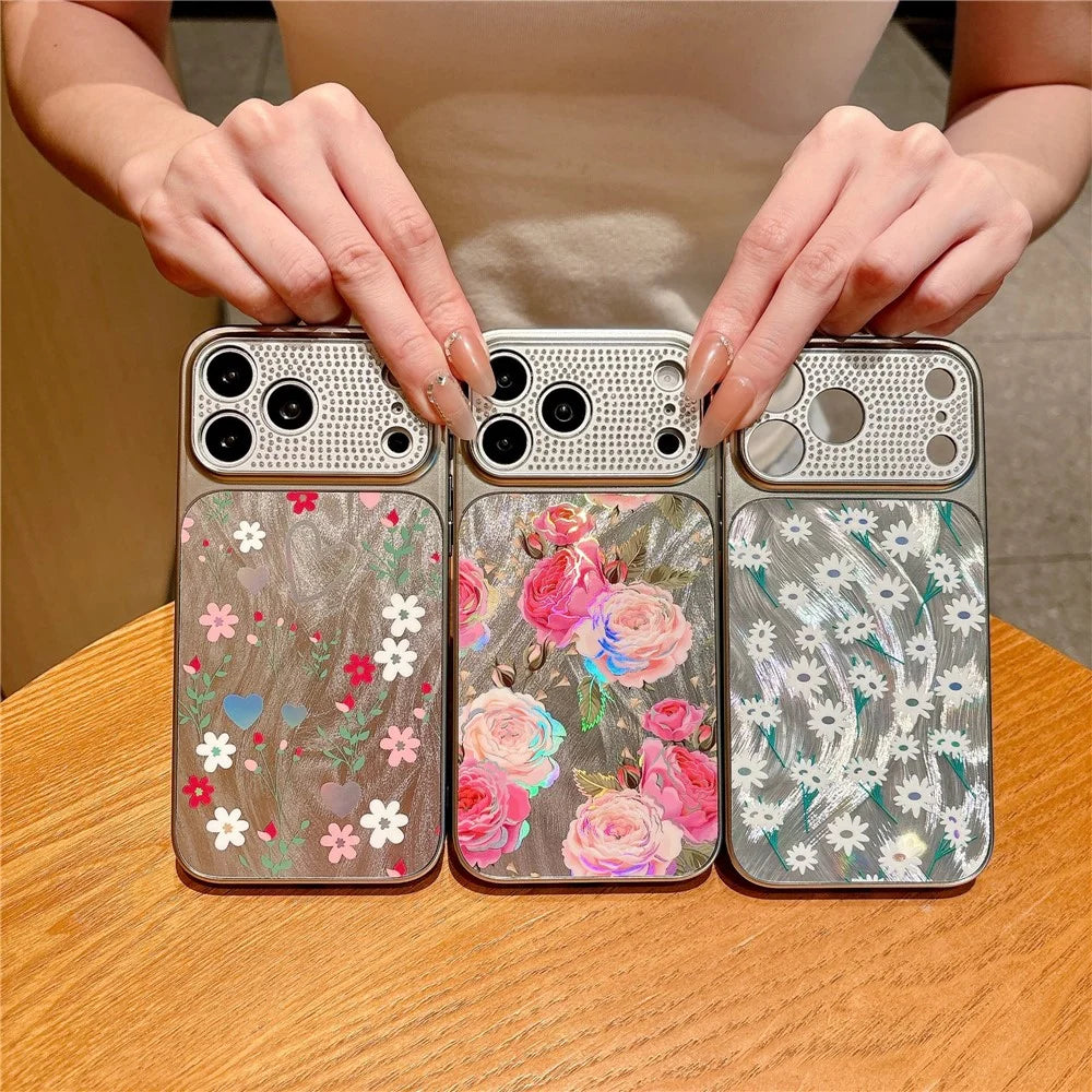 For iPhone 17 Pro Mobile Phone Case Diamond Camera Ring Feathered Flowers Pattern TPU PC Electroplated Cover - Rose - 5