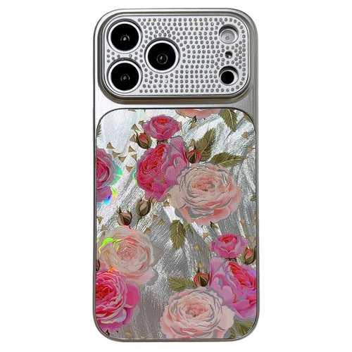 For iPhone 17 Pro Max Mobile Phone Case Diamond Camera Ring Feathered Flowers Pattern TPU PC Electroplated Cover - Rose - 1