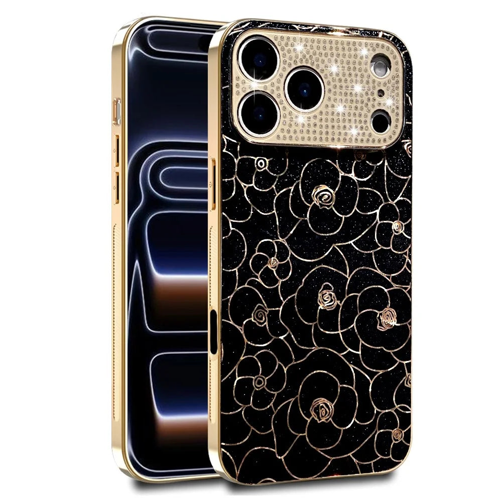 For iPhone 17 Pro Case Diamond Camera Ring Flower Pattern TPU PC Shockproof Protective Case - Black - 1